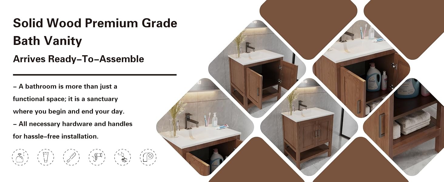 24″ Natural Wood Bathroom Vanity Base Only – Freestanding Solid Wood Sink