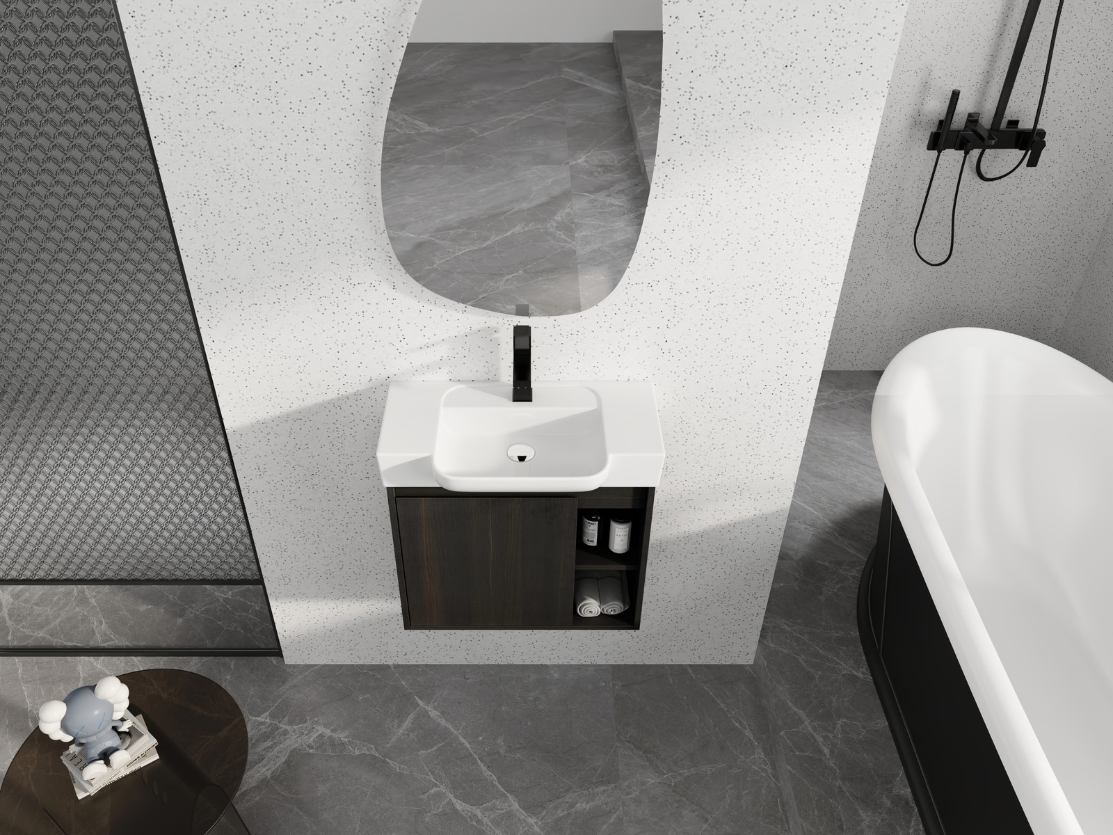 24″ Plywood Wall-Mounted Bathroom Vanity Cabinet W/ White Ceramic Sink Dark Oak