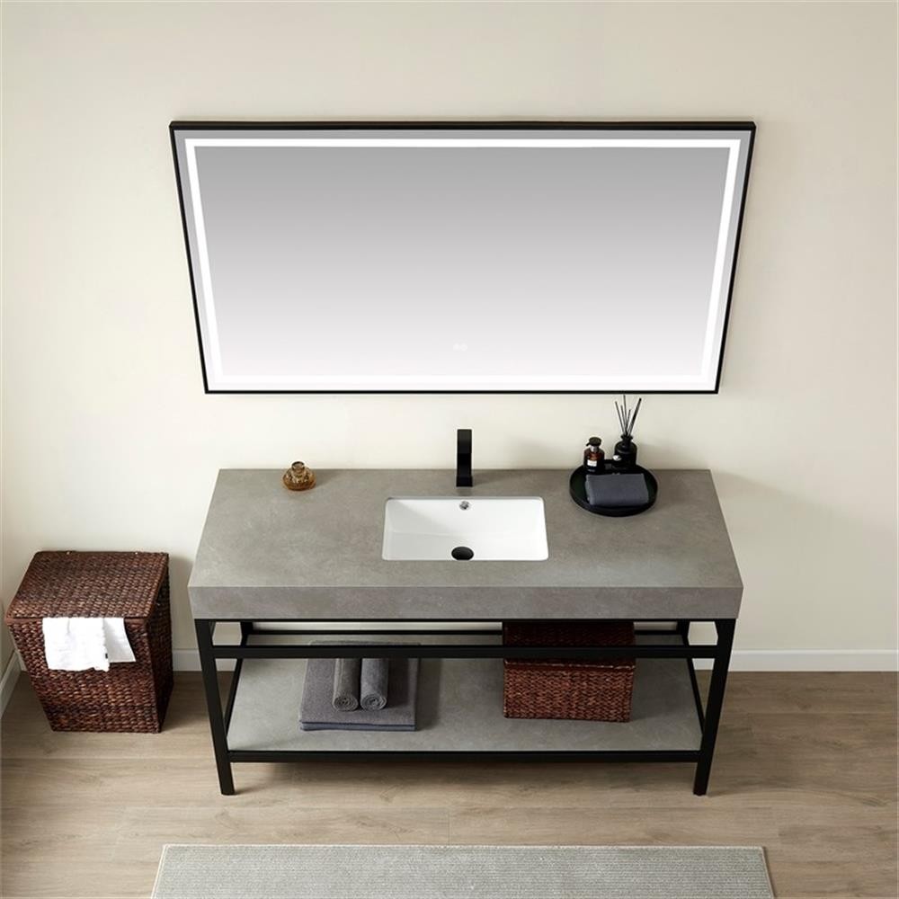 Funes 60″ Single Sink Bathroom Vanity in Matte Black Frame Gray Top w/ Mirror