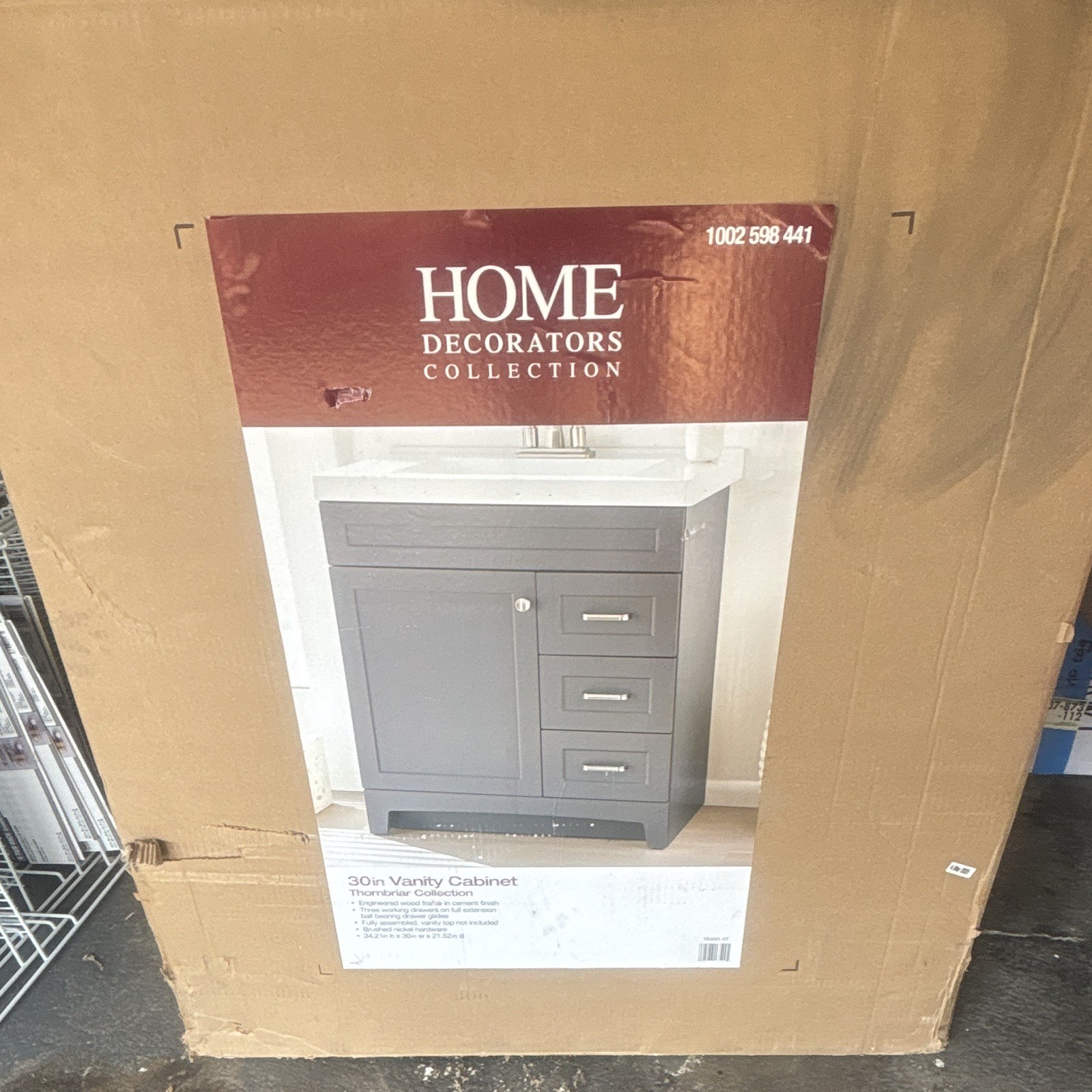 Home Decorators Thornbriar 30″ Gray Linen Vanity Base w/ 3 Drawers