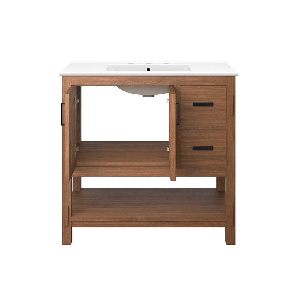 Pemberly Row 36″ Wood Bathroom Vanity with Open Shelf in Walnut and White