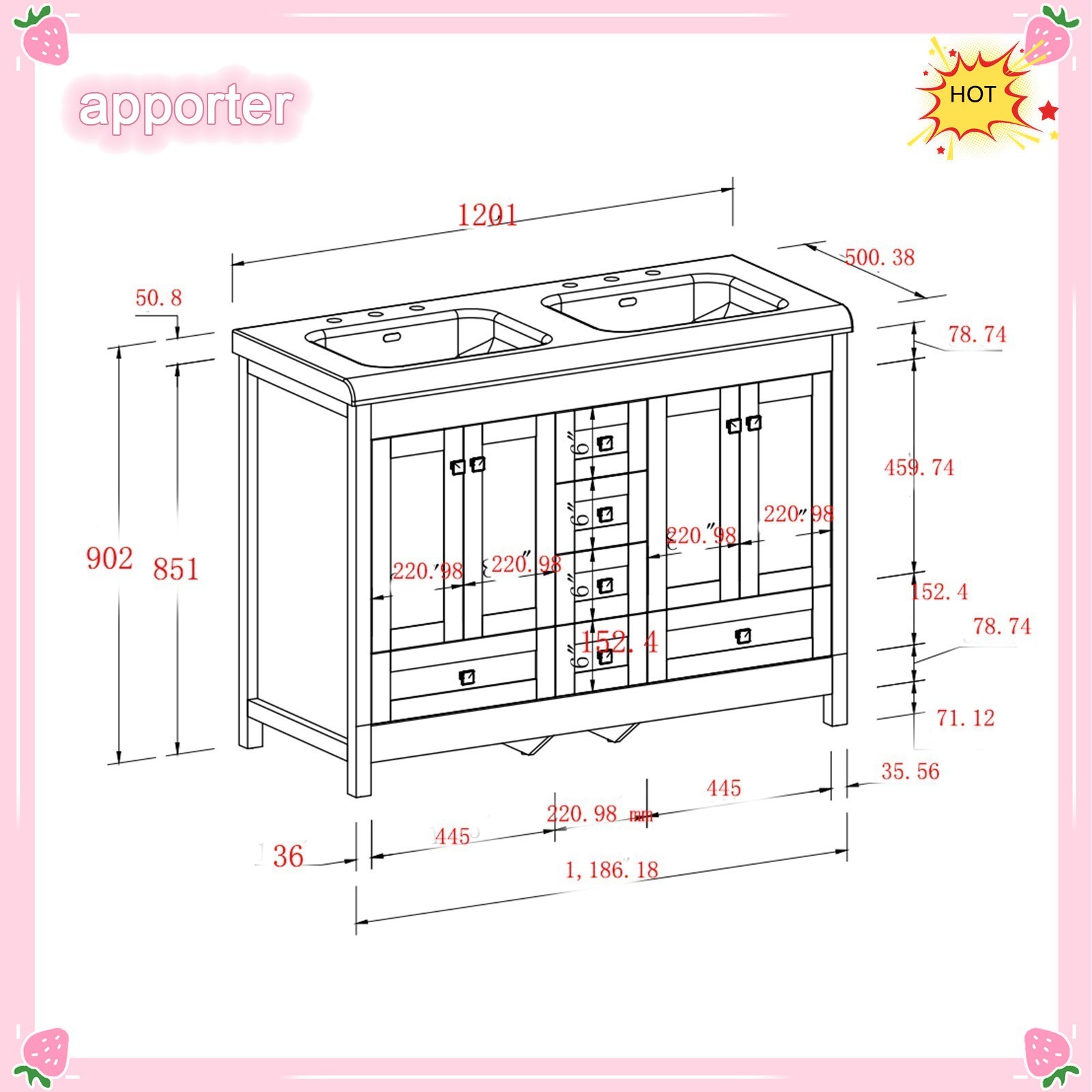 47in White Bathroom Vanity Double Sink Ceramic Freestanding Cabinet 5 Drawers US
