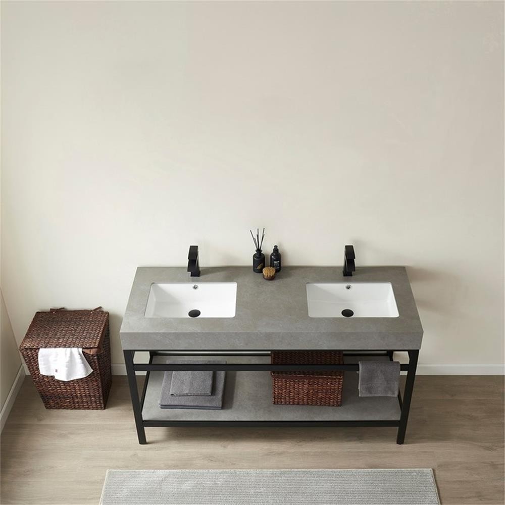 Pemberly Row Double Sink Bathroom Vanity – Matte Black Frame Gray Top