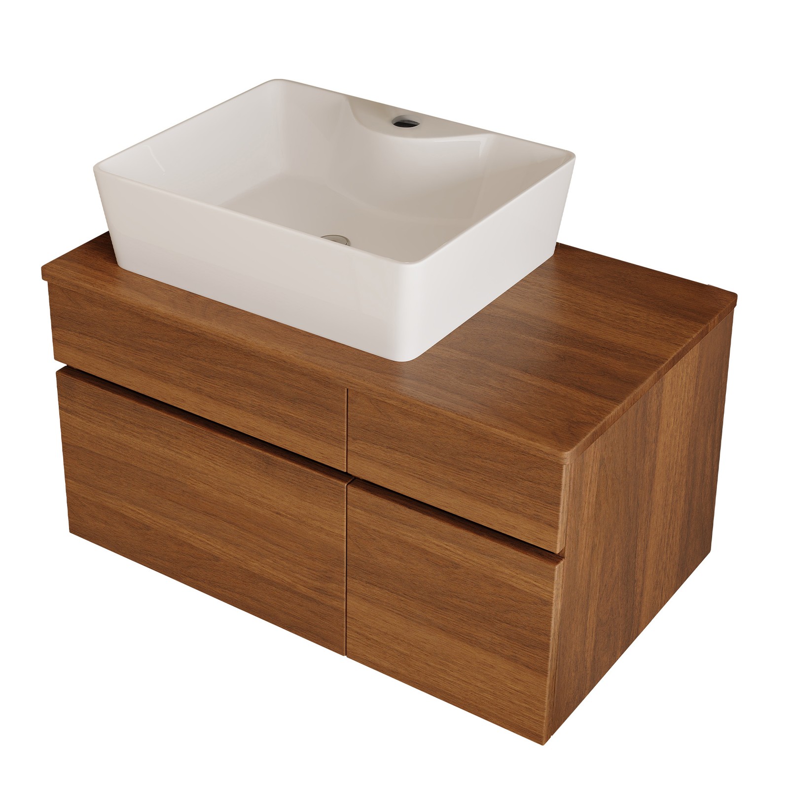 31.5In Plywood Walnut Floating Wall-Mounted Cabinet Vanity Ceramic Sink Bathroom