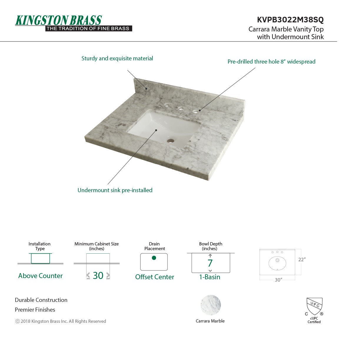 Kingston Brass KVPB3022M38SQ Templeton 30″ Marble Vanity Top – Carrara Marble