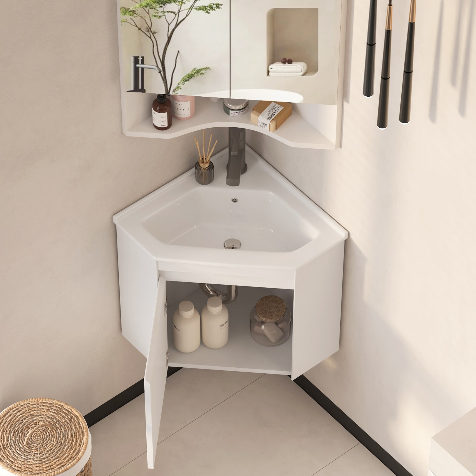 Corner Bathroom Vanity Sink Wall Mounted Combo for Small Space White Ceramic Top