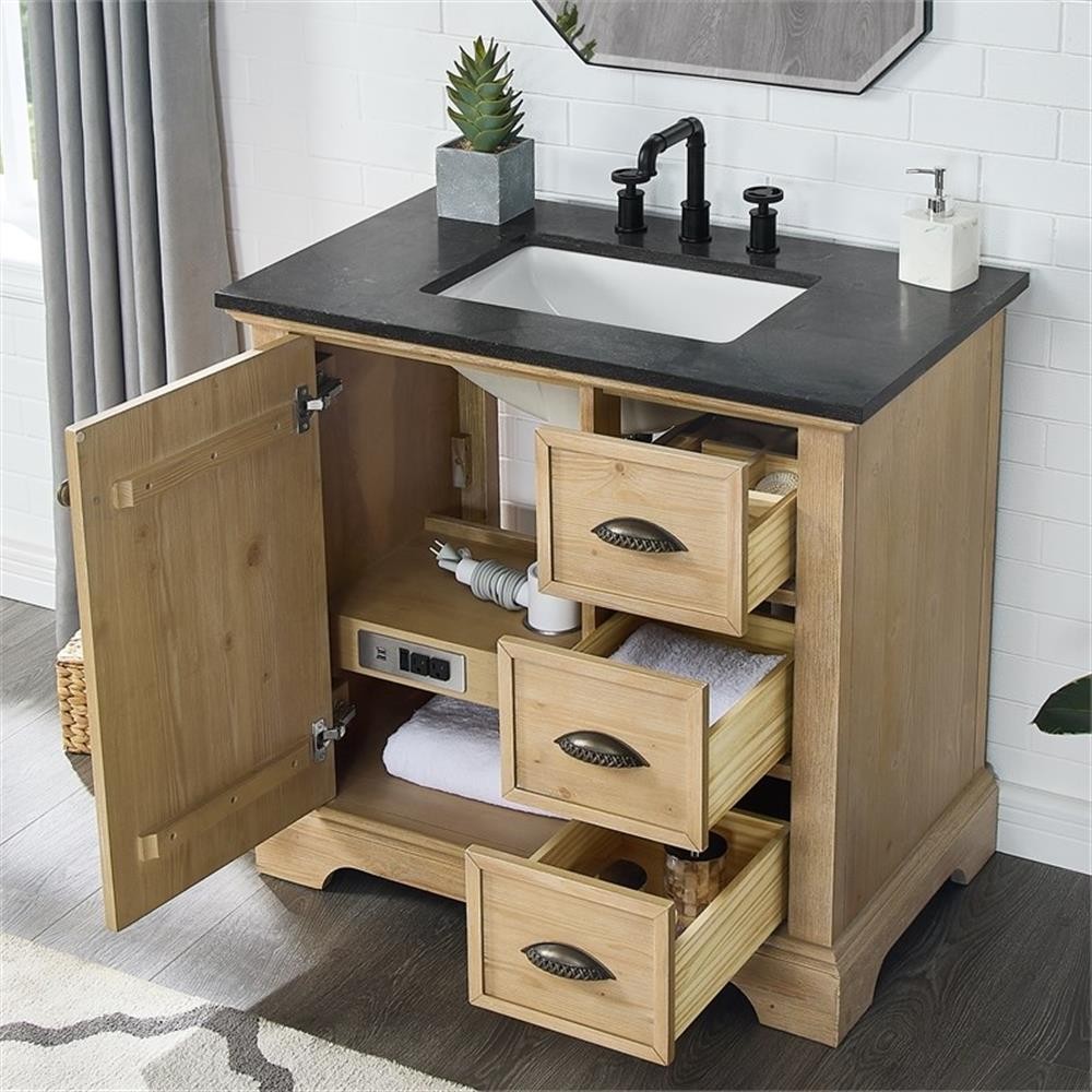 Hervas 36″ Fir Wood Brown Single Bath Vanity with Black Natural Celestite Marble