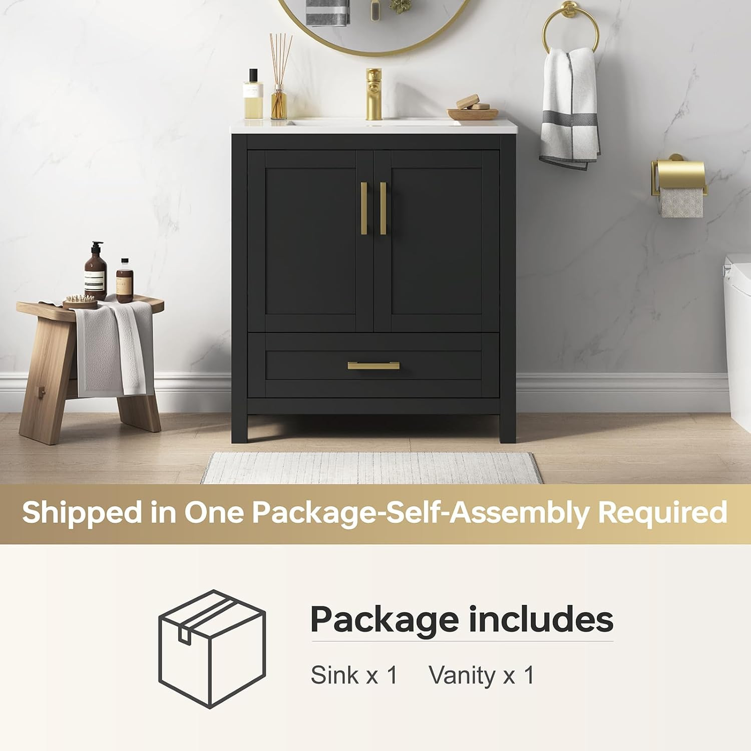 30 Inch Bathroom Vanity with Sink, Black Bathroom Vanity Sink Combo with Large D
