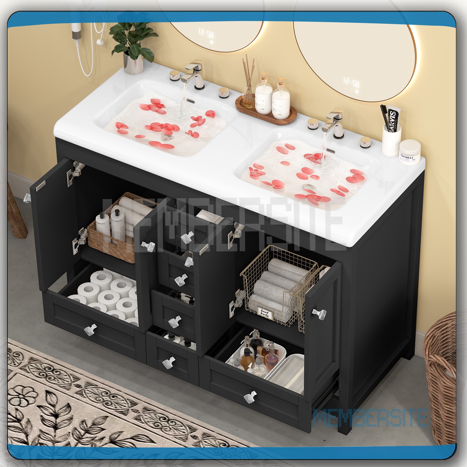 Black Bathroom Vanity Cabinet 47.3″ Double Ceramic Sinks , 2 Doors & 6 Drawers