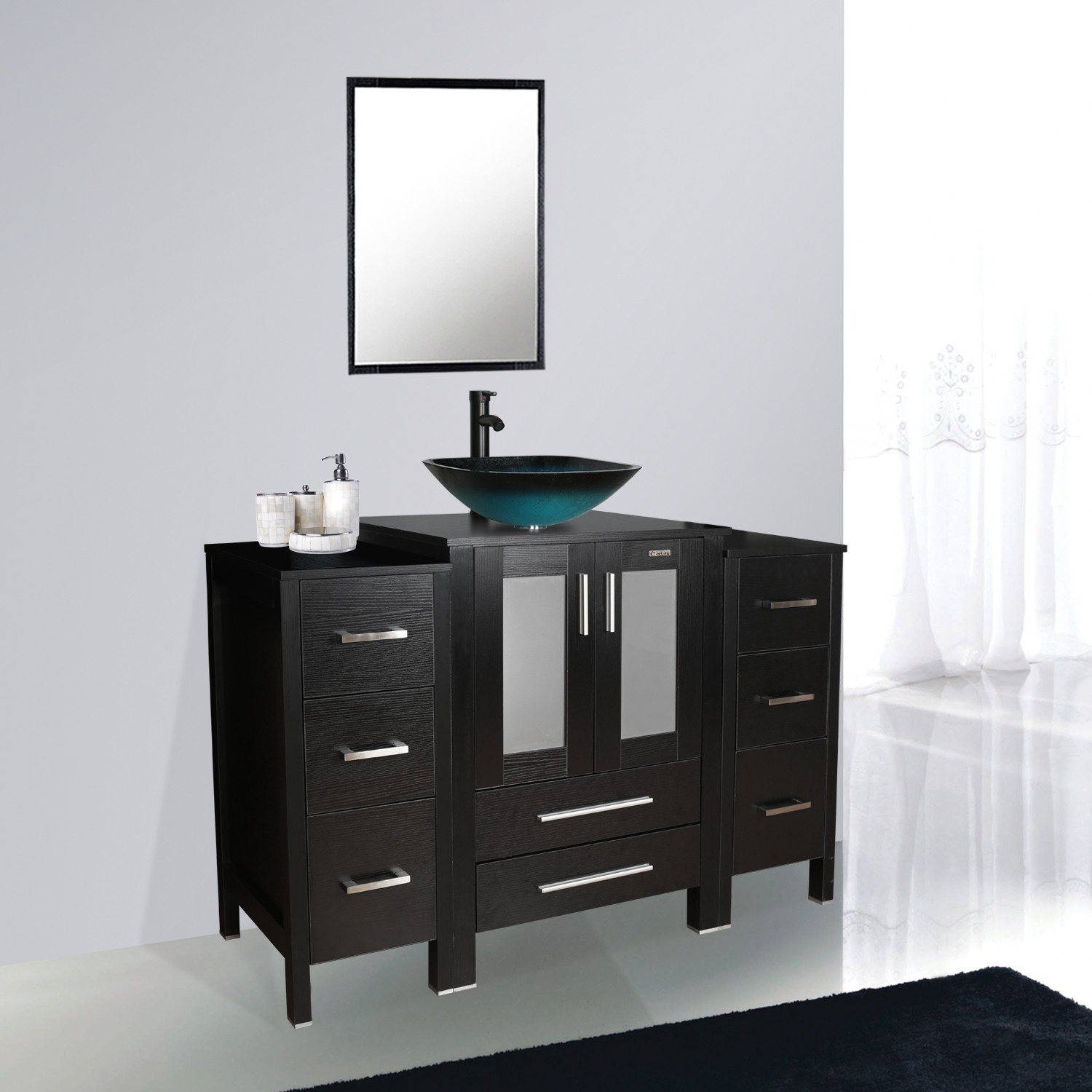 48″ Bathroom Vanity Set Small Cabinet Tempered Glass Vessel Sink Black No Mirror