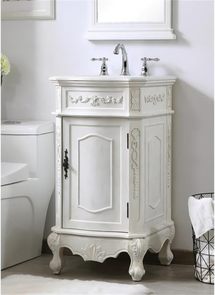 Antique White Single Bathroom Vanity with Engineered Marble Top 19-Inch