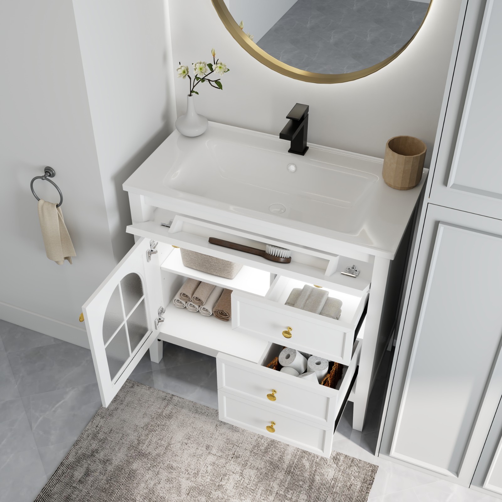 35.6″ Bathroom Vanity Storage Cabinet w/ Ceramic Sink Glass Motion Sensor Light