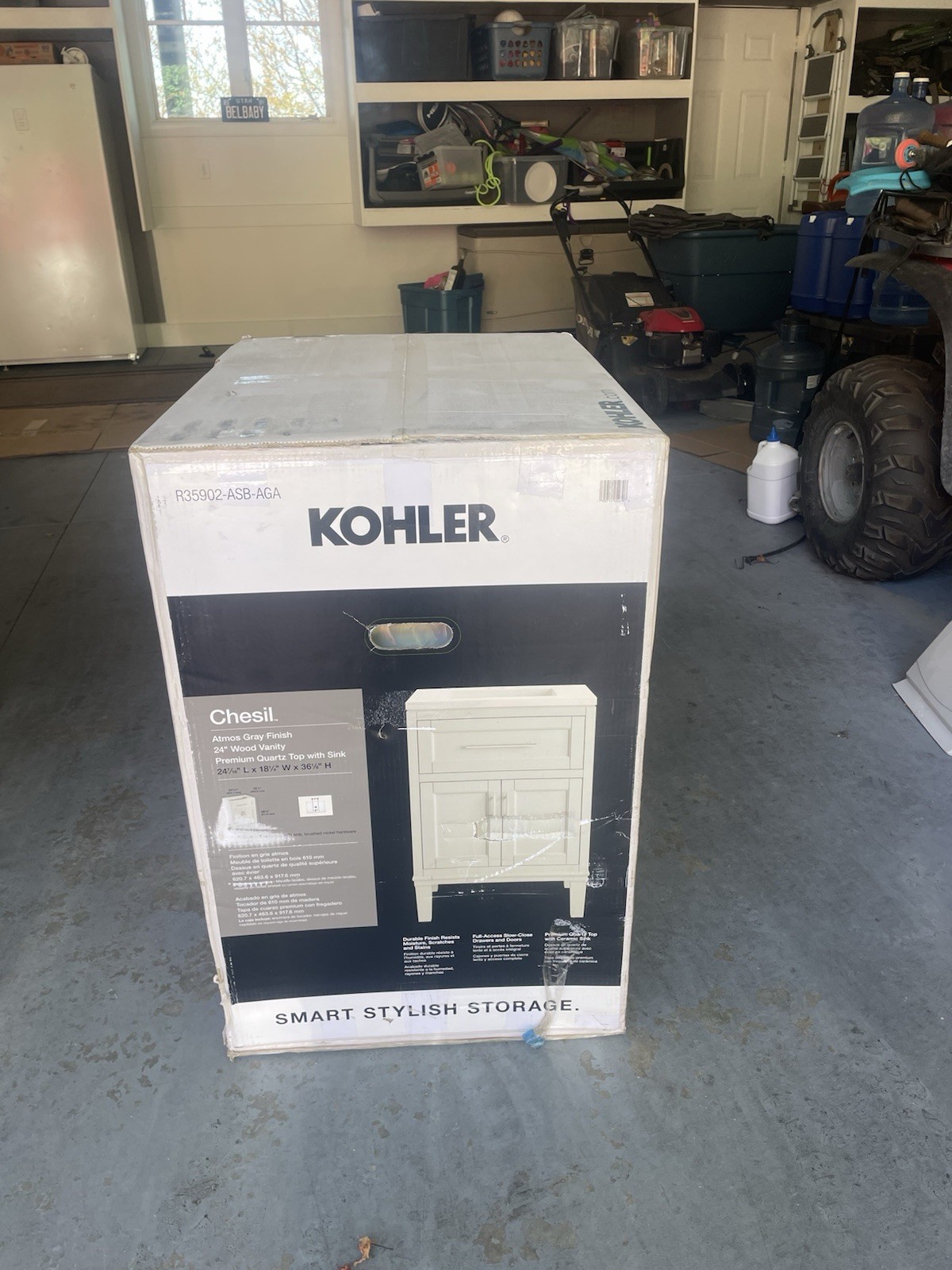 NEW Kohler Chesil 24″ Bathroom Vanity Atmos Gray Wood/Quartz Top w/ Sink 2 Doors