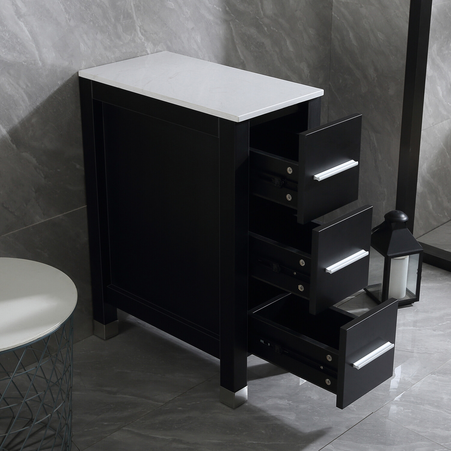 11.8″ Modern Bathroom Vanity Small Cabinet with Stone top & 3 Drawers Black