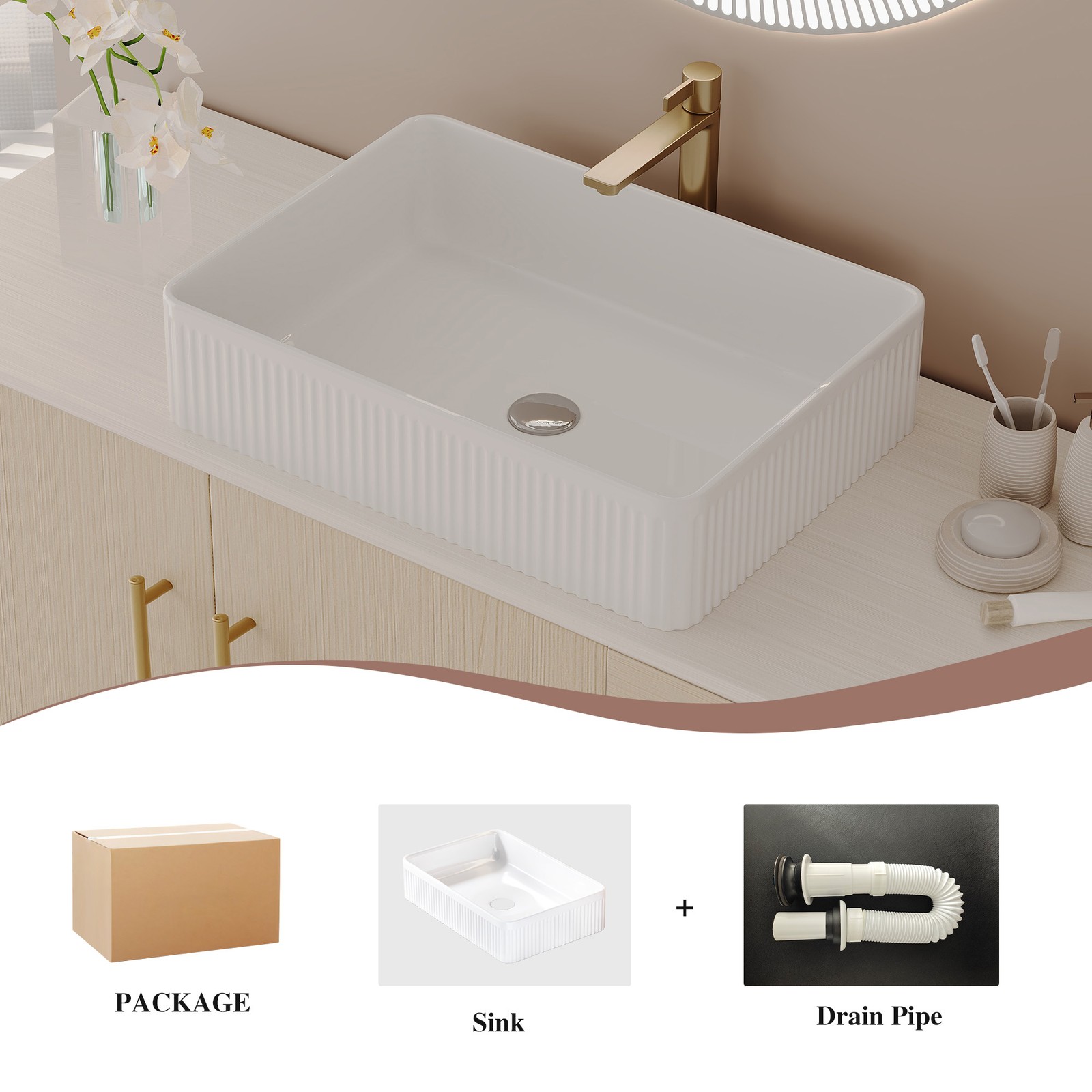 47.2″ Bathroom Vanity with Ceramic Sink, Gold Accent, White Oak