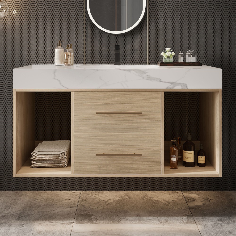 39.4 ” Floating Bathroom Vanity with Ceramic sink, Modern Wall Mounted Vanity