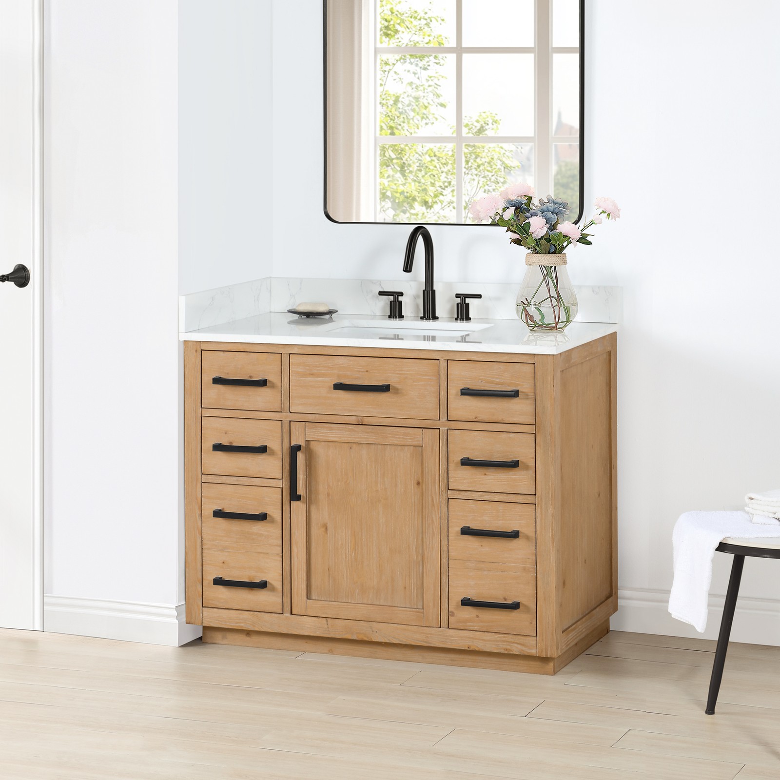 Gavino 42″ Wood Vanity in Light Brown with Composite Stone Top no Mirror