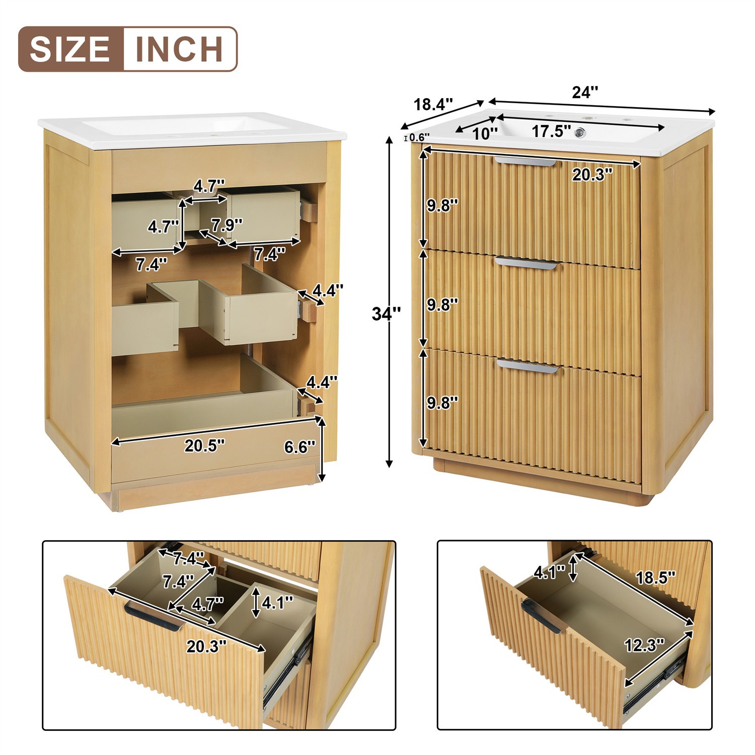Modern 24″ Bathroom Vanity with Ceramic Sink Bathroom Cabinet with 3 Drawers