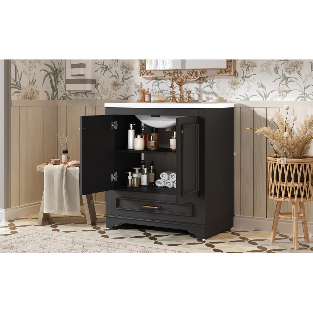 30″ Solid Wood Bathroom Vanity w/Ceramic Sink,2 Soft Close Doors,Storage Cabinet