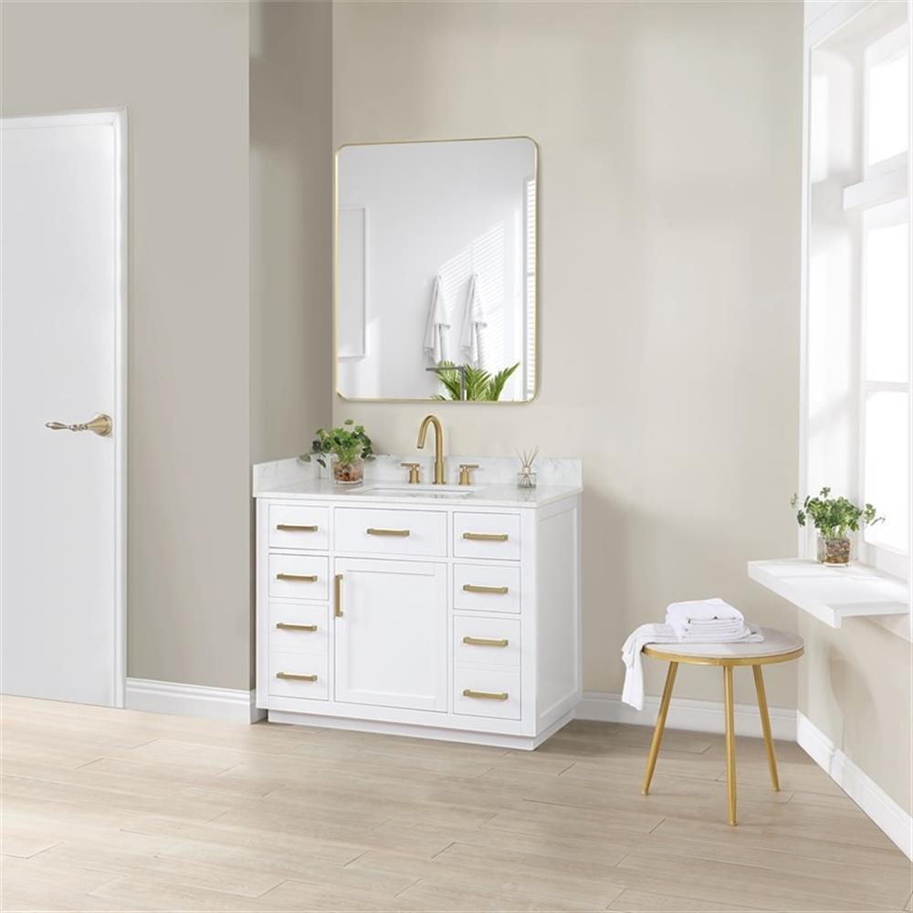 Gavino 42″ Wood Vanity in White with Composite Stone Top with Mirror