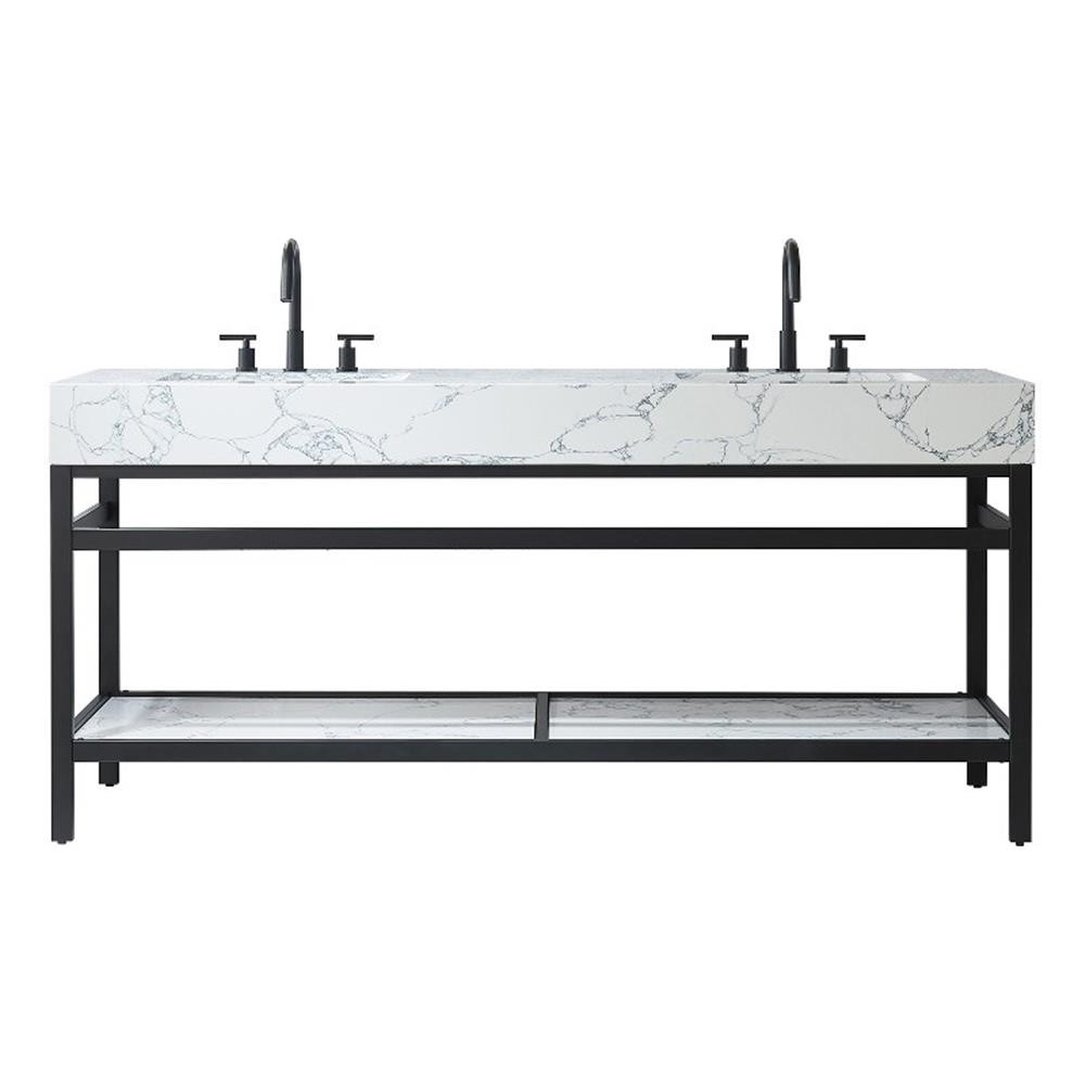 Ecija 72″ Double Matte Black Metal Bath Vanity with Pandora White Composite Top