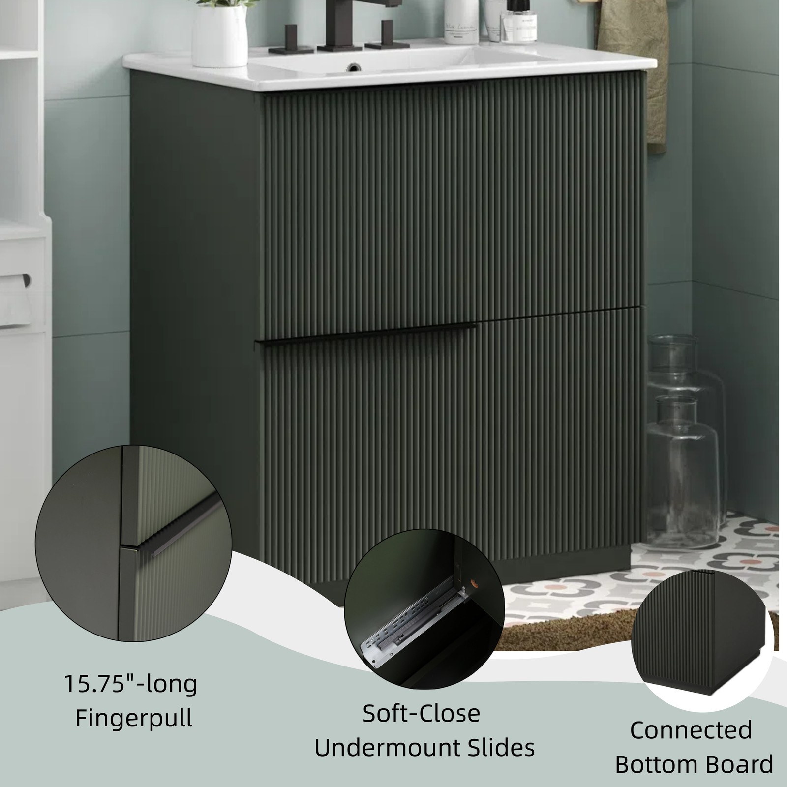 30″ Green Fluted Bathroom Vanity with Ceramic Sink & Soft Close