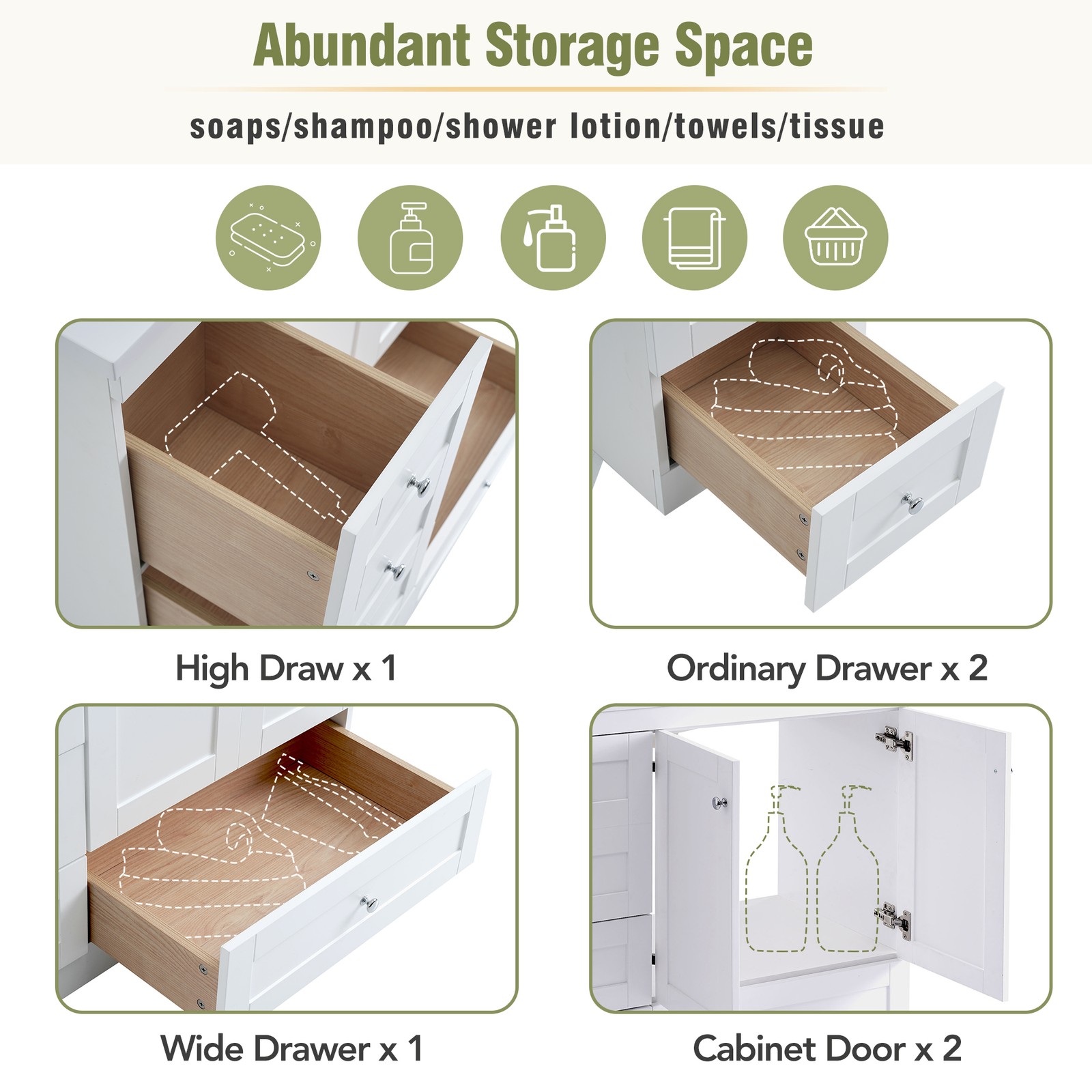 36″ Bathroom Vanity w/Sink Storage Cabinet with 4 Soft-close Drawers & 2 Door