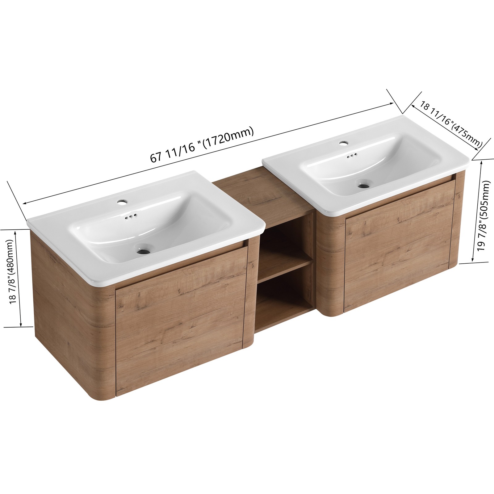 68″ Wall-Mount Bathroom Vanity w/White Ceramic Sink Door Plywood Storage Cabinet