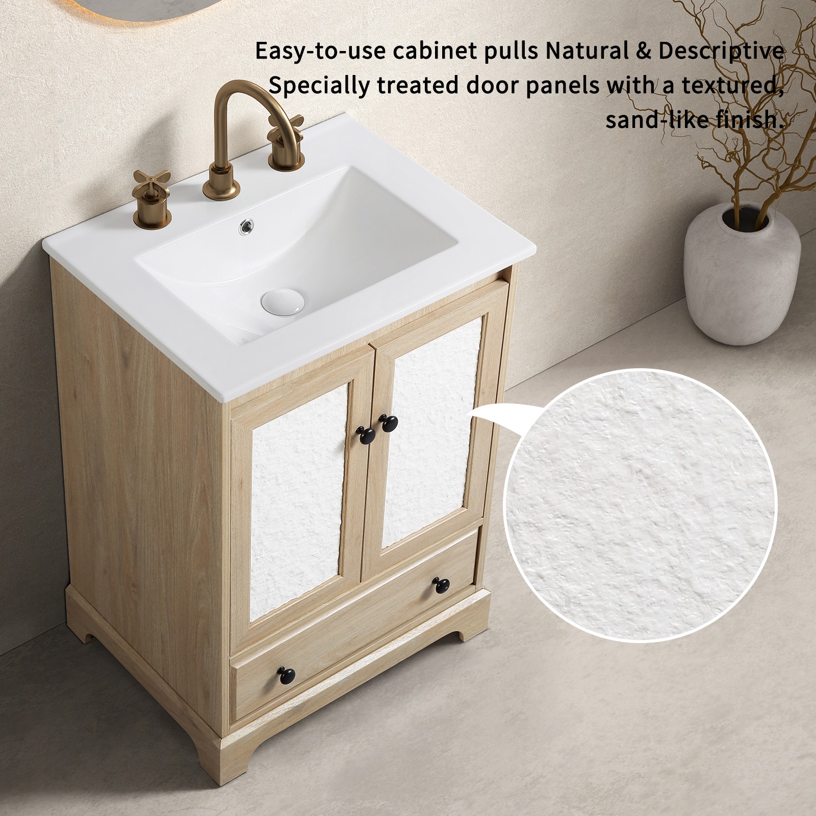 Brown Modern Bath Vanity w/ Porcelain Sink, Soft Close Drawer, Free Standing
