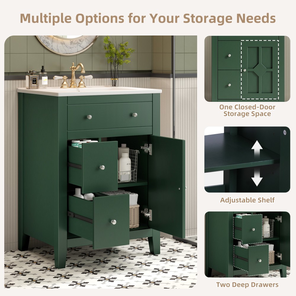 Bathroom Vanity with Ceramic Basin Features Two Drawers and Soft-Close Doors