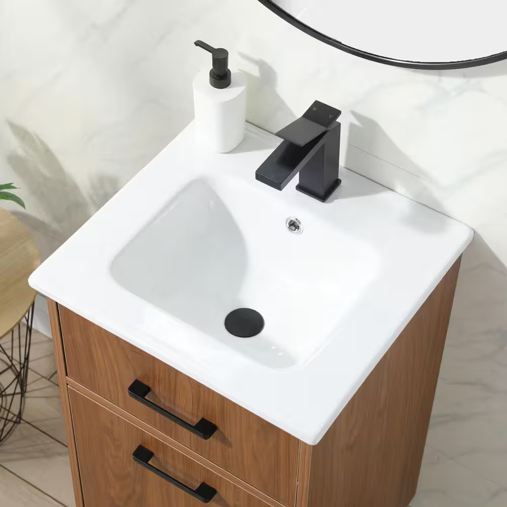 18 In. W X 17 In. D X 34 In. H Modern Brown Bath Vanity with Single White Cerami