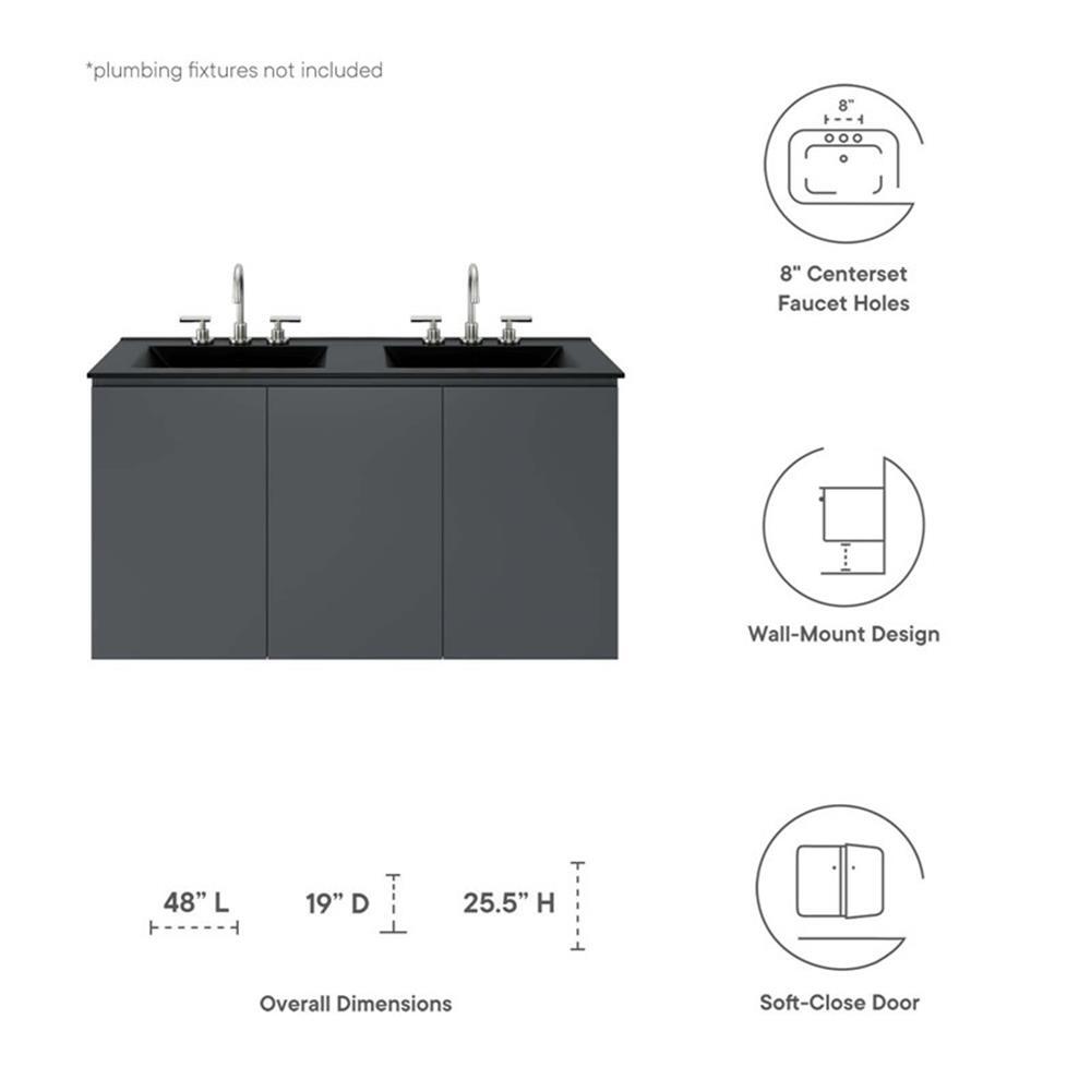 Modway Bryn 48″ Modern Wood/Ceramic Double Sink Bathroom Vanity in Gray/Black