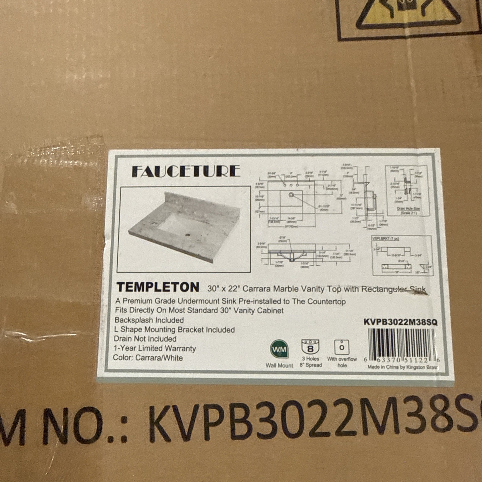 Kingston Brass KVPB3022M38SQ Templeton 30″ Marble Vanity Top – Carrara Marble