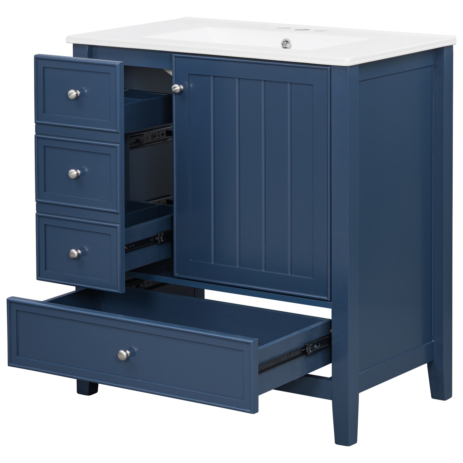 30″ Blue Bathroom Vanity with Sink, 1 Cabinet & 3 Drawers, Solid Wood & MDF