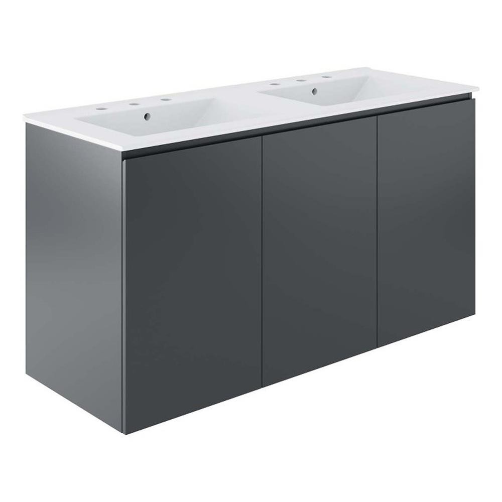 Pemberly Row 48″ Modern Wood/Ceramic Double Sink Bathroom Vanity in Gray/White