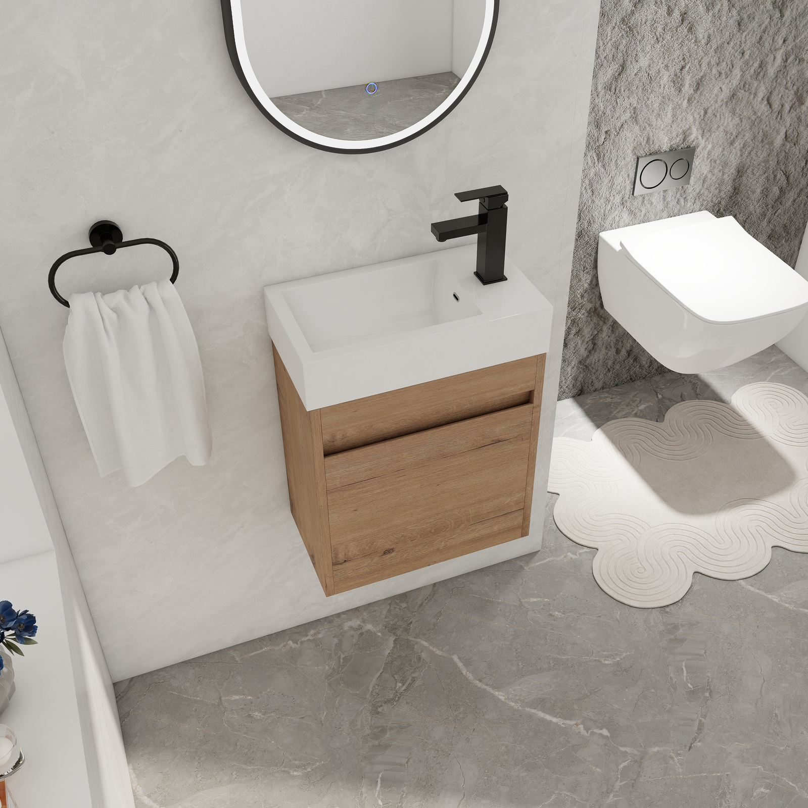 18in Wall Mounted Floating Bathroom Vanity Cabinet W/Resin Sink Oak Small Space