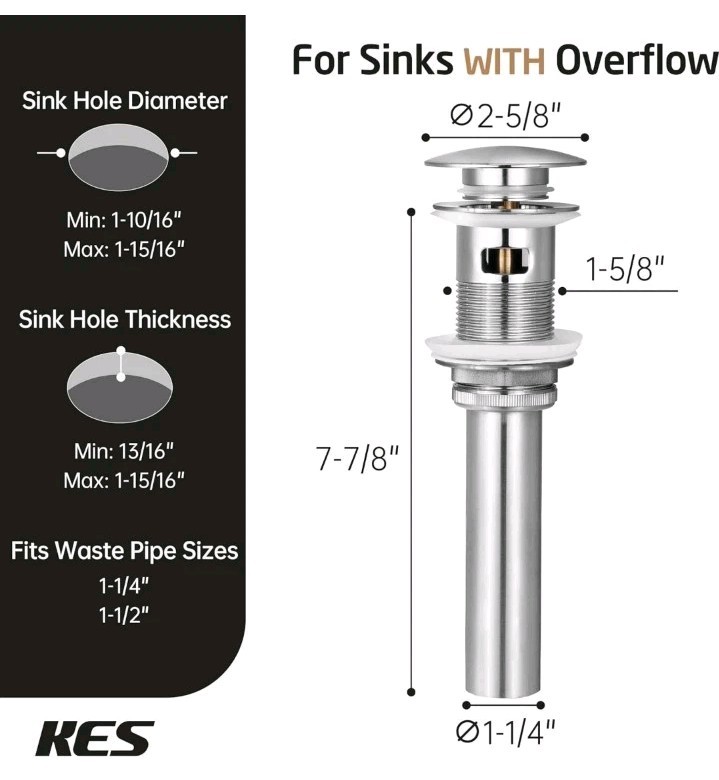Bathroom Vanity Sink Pop Up Drain Stopper with Overflow for 1.6″-1.9″ Sink Hole