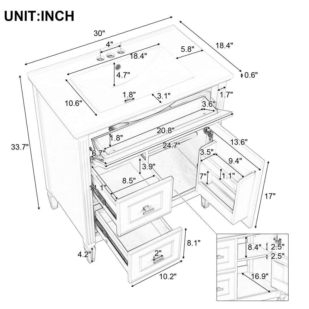30″ Bathroom Vanity with Sink, Bathroom Vanity Cabinet with One Flip Drawer