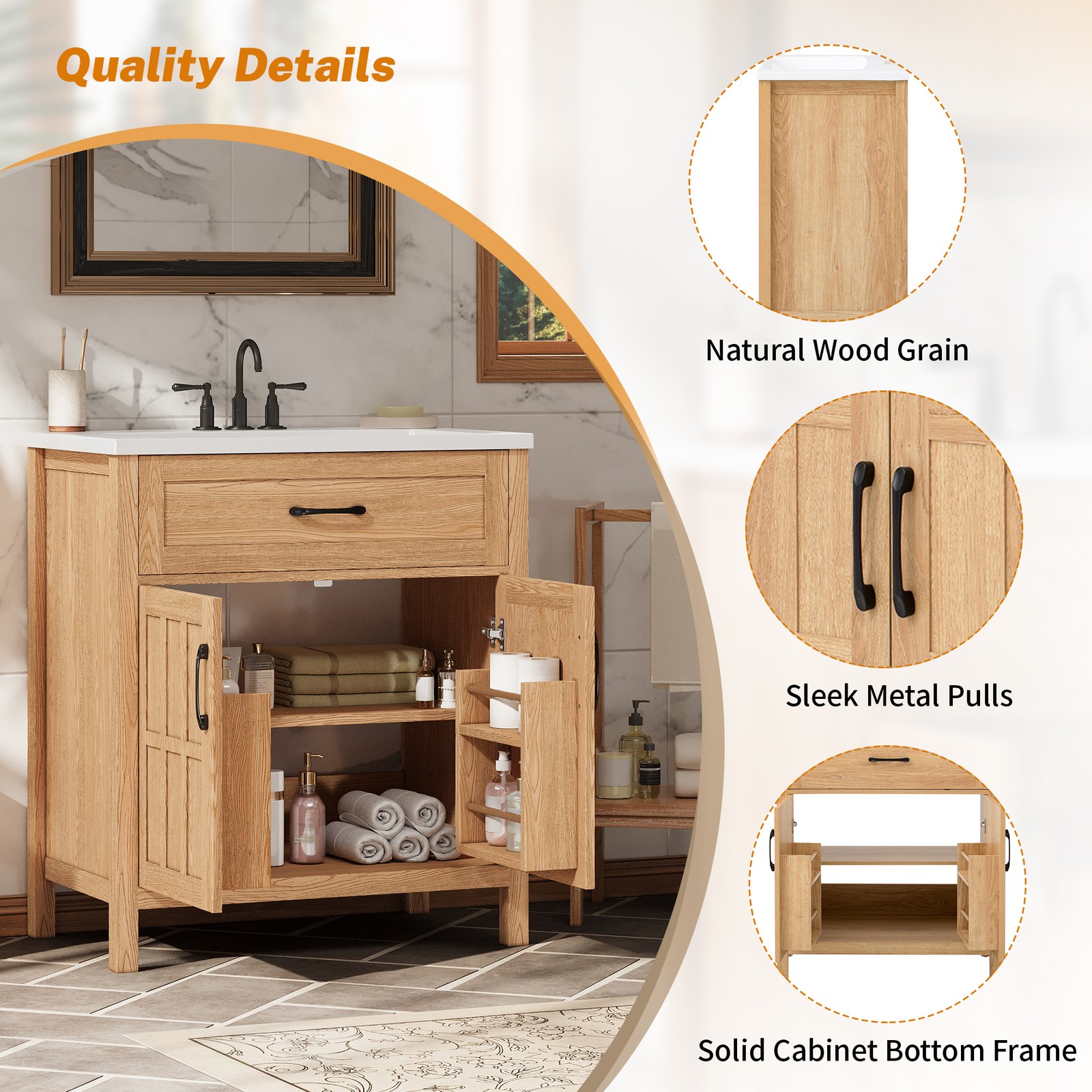 30″ Bathroom Vanity with Resin Sink, Modern Wood Frame Bathroom Sink Cabinet