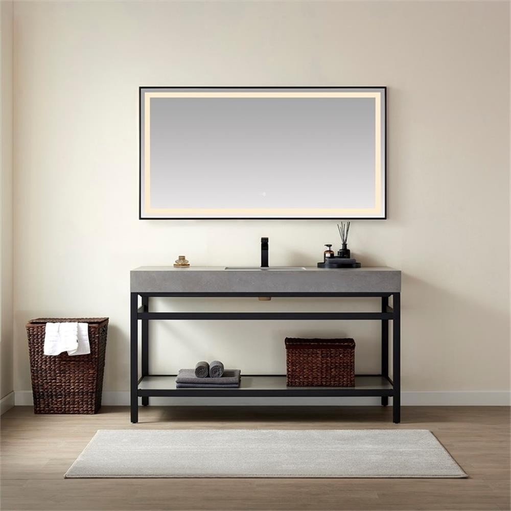 Funes 60″ Single Sink Bathroom Vanity in Matte Black Frame Gray Top w/ Mirror