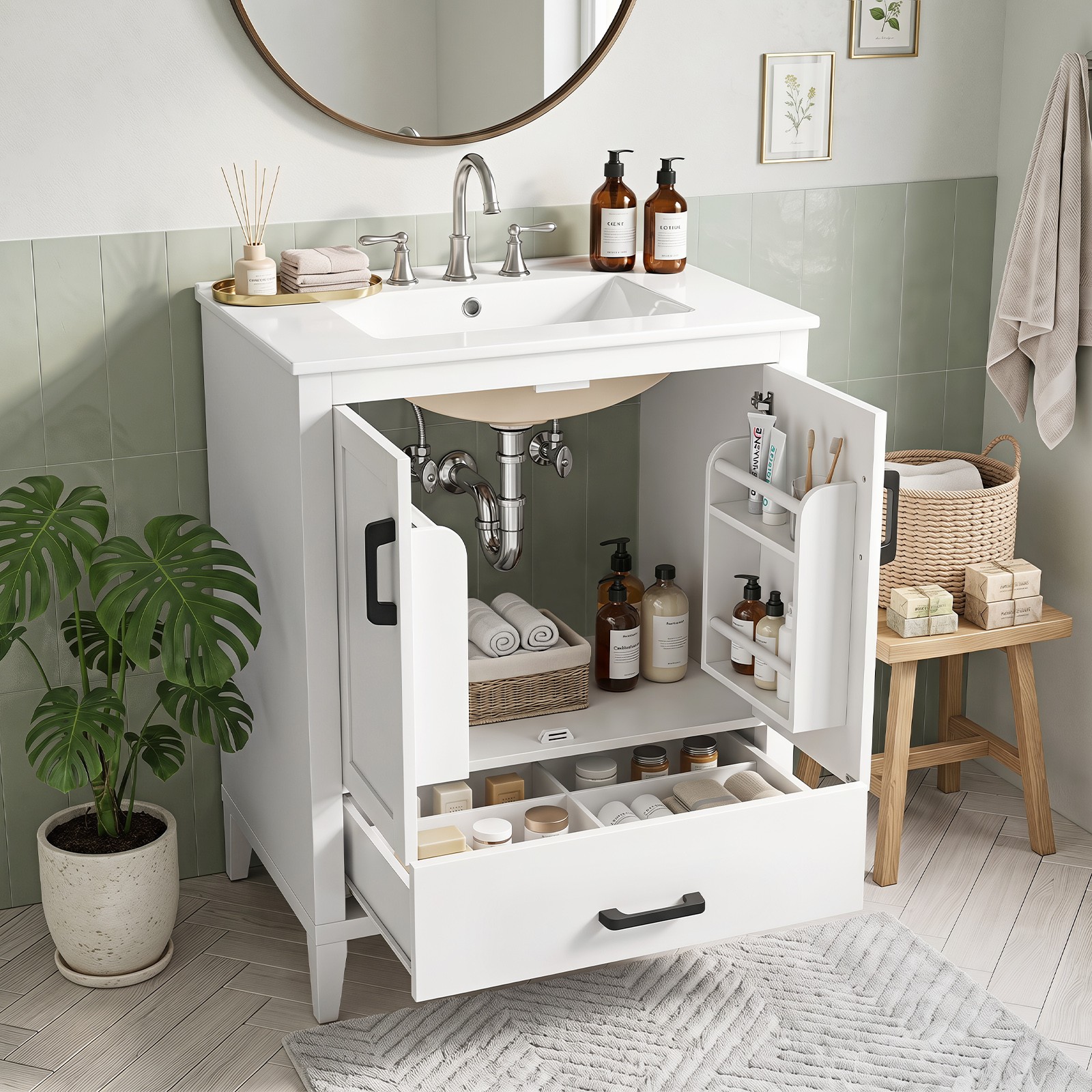 24.5” Modern Bathroom Vanity w/Sink, 2 Doors & Drawer, Rubber Wood Legs, White