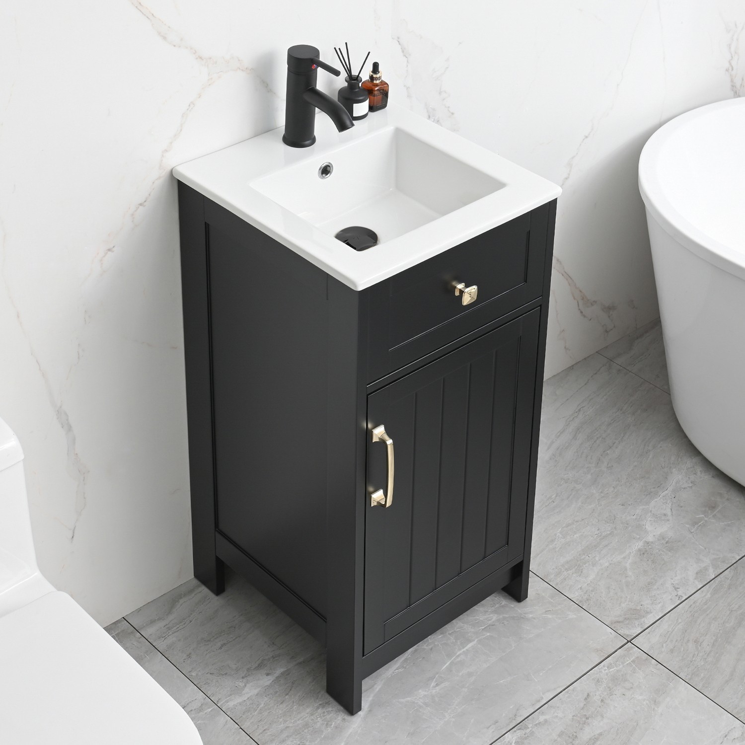 16″ Small Bathroom Vanity with Sink Cabinet Set Ceramic Sink Faucet &Drain Combo