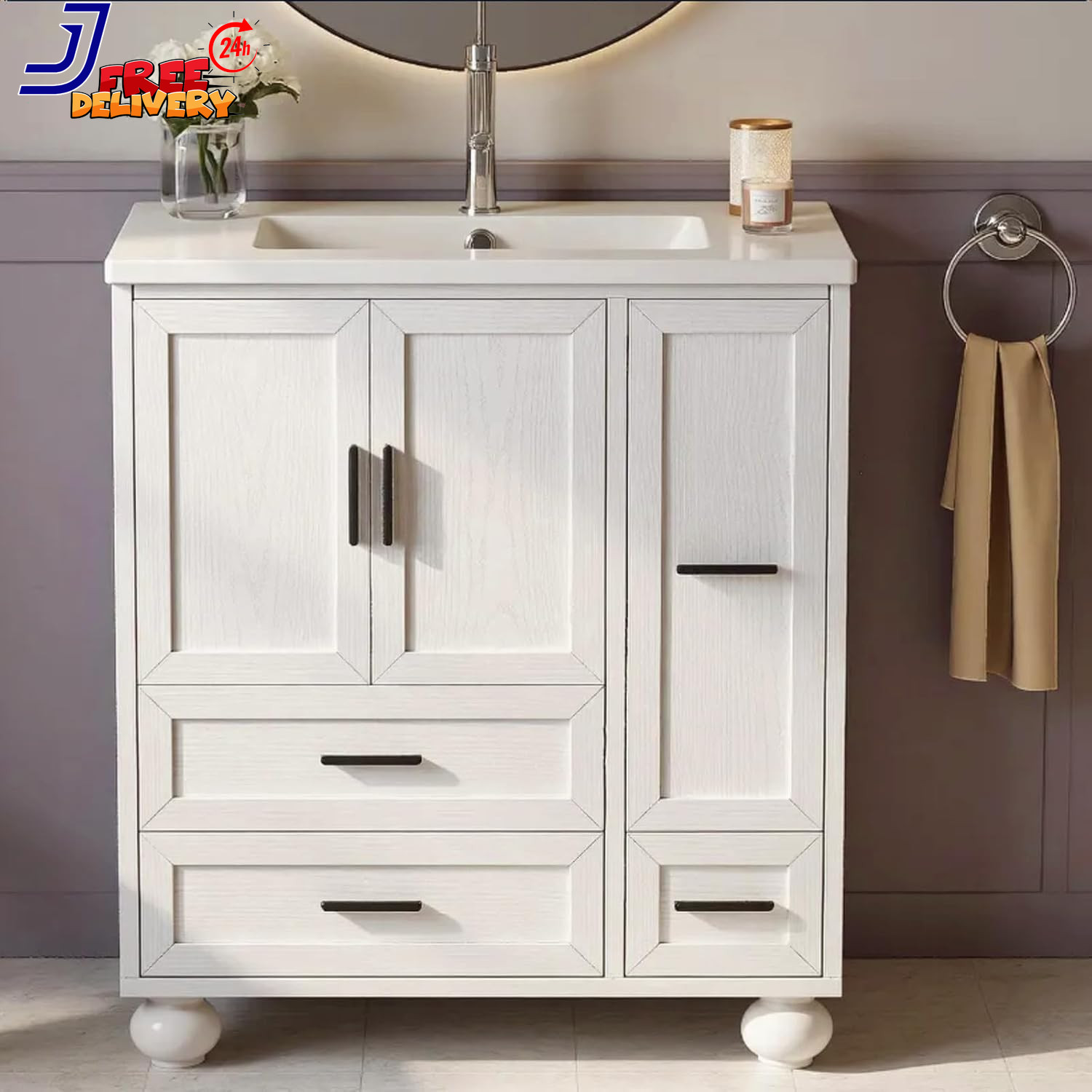 Modern 29.5″ Bathroom Vanity with Sink Hair Tool Drawer & Quick Assembly