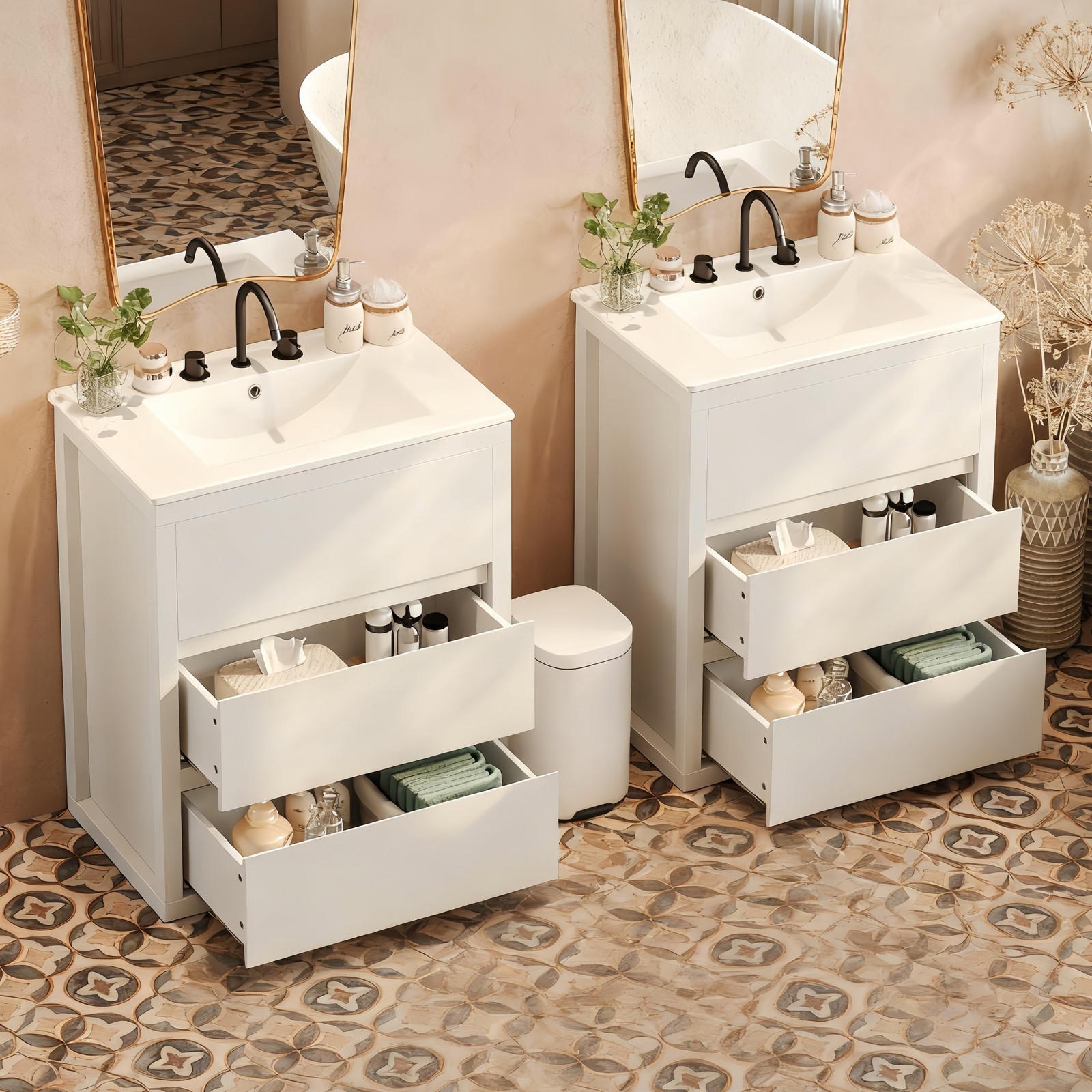 60″ Double Sink Bathroom Vanity Set,Bathroom Cabinet w/2 Separate Ceramic Sinks