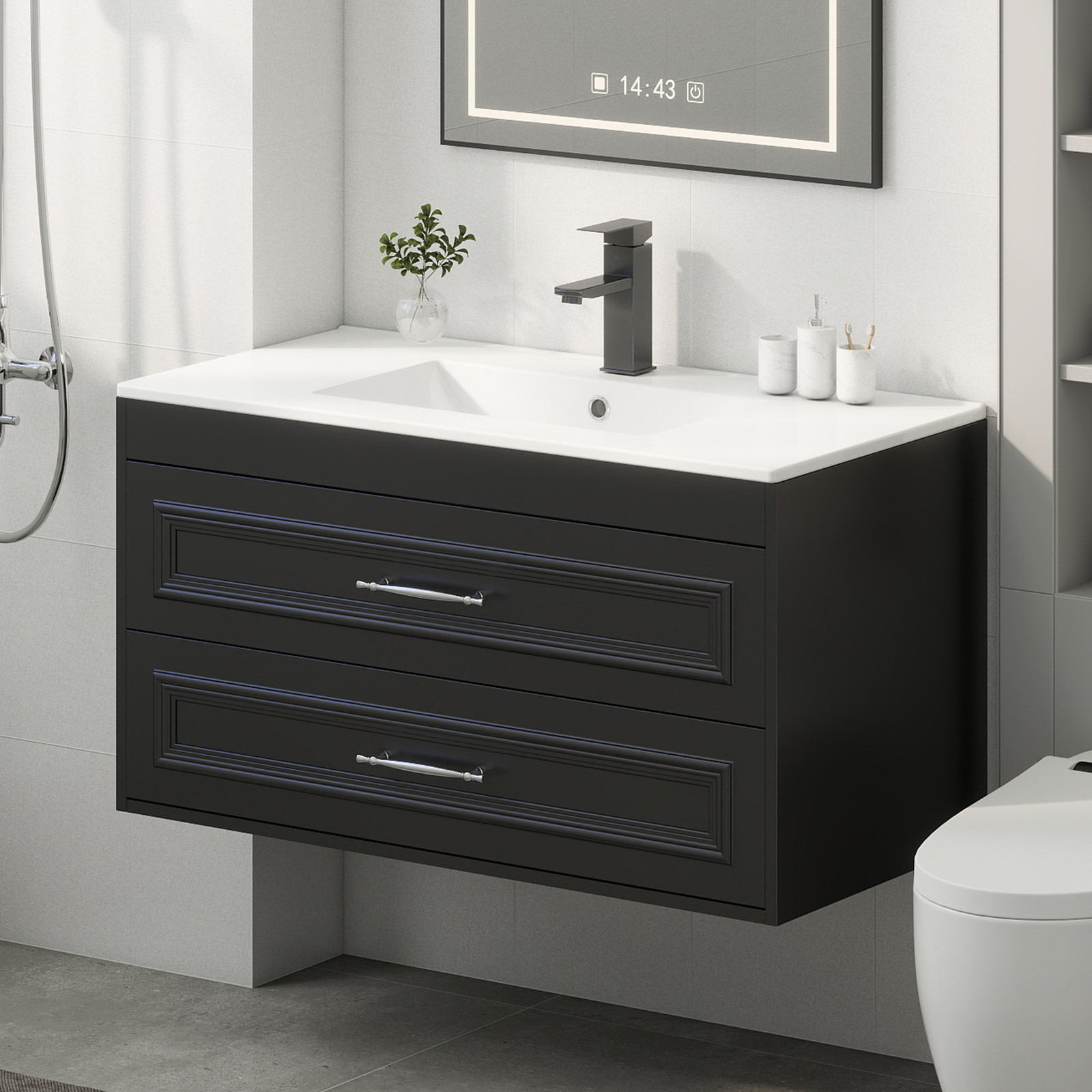 36″ Black Wall Mounted Floating Vanity with Sink Soft Close Bathroom Cabinet