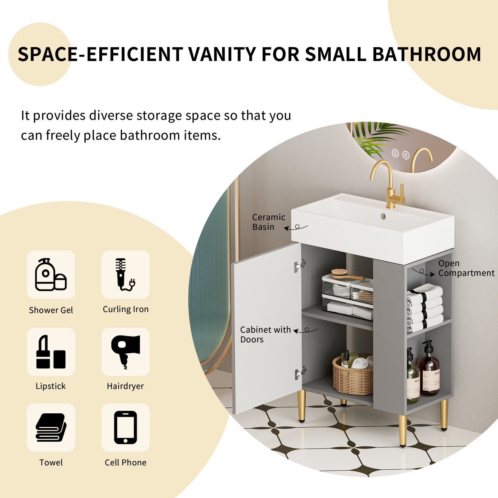 21.6″ Open-Shelving Vanity with Ceramic Sink and Soft-Close Door Grey