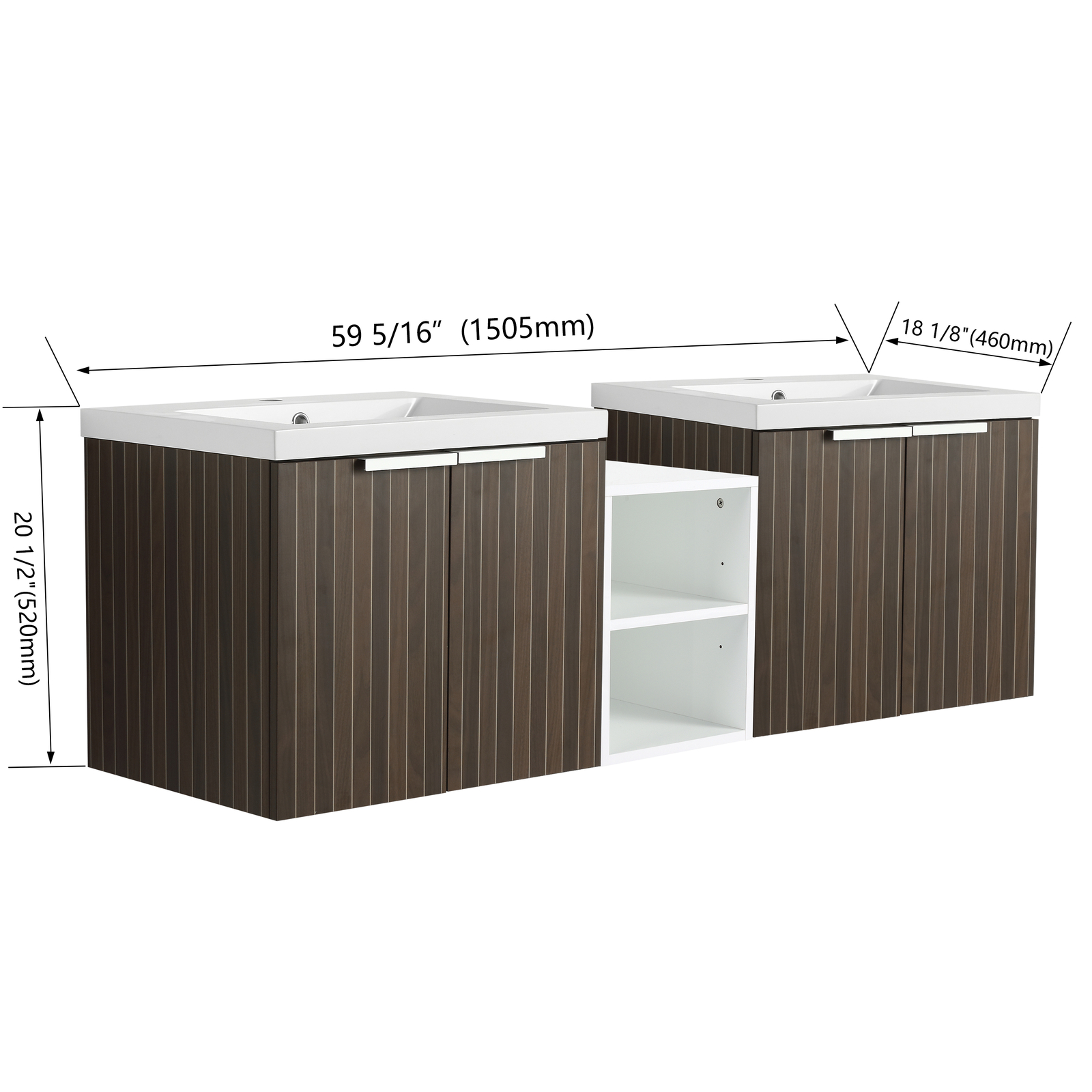 60″ Wooden Floating Bathroom Vanity with Dual Sink Basin Doors /Storage Shelves