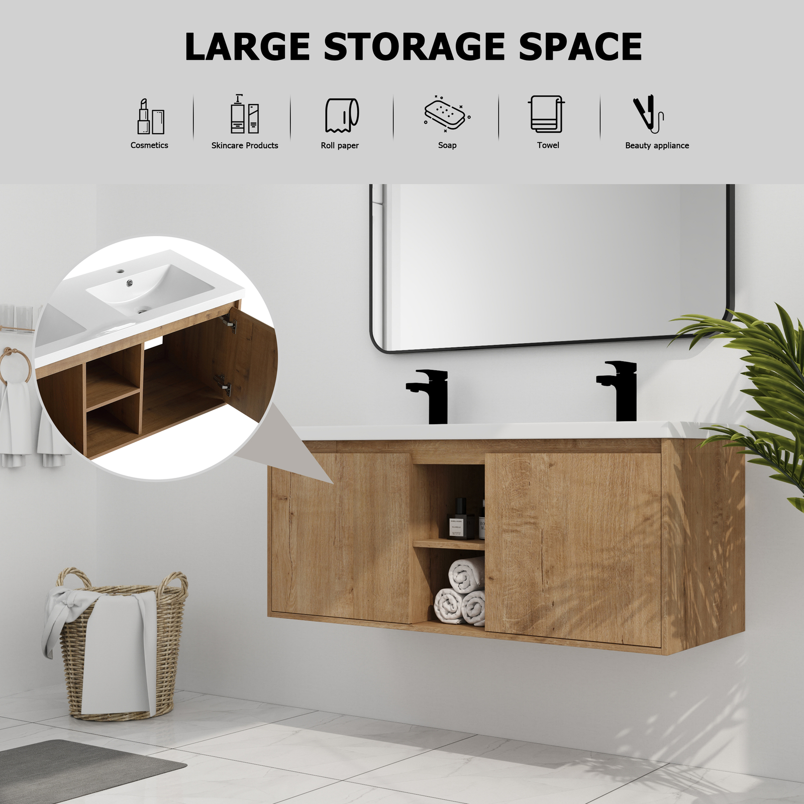 48″ Plywood Wall Mounted Bathroom Vanity With Double Sink Basin 2 Doors Storage