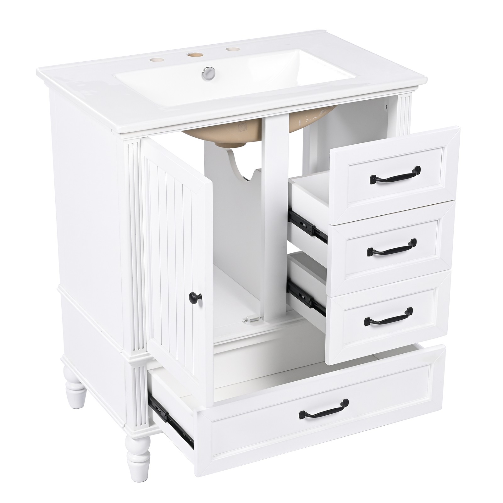 30″ Bathroom Vanity with Sink, Bathroom Cabinet with A Door, Three Drawers White
