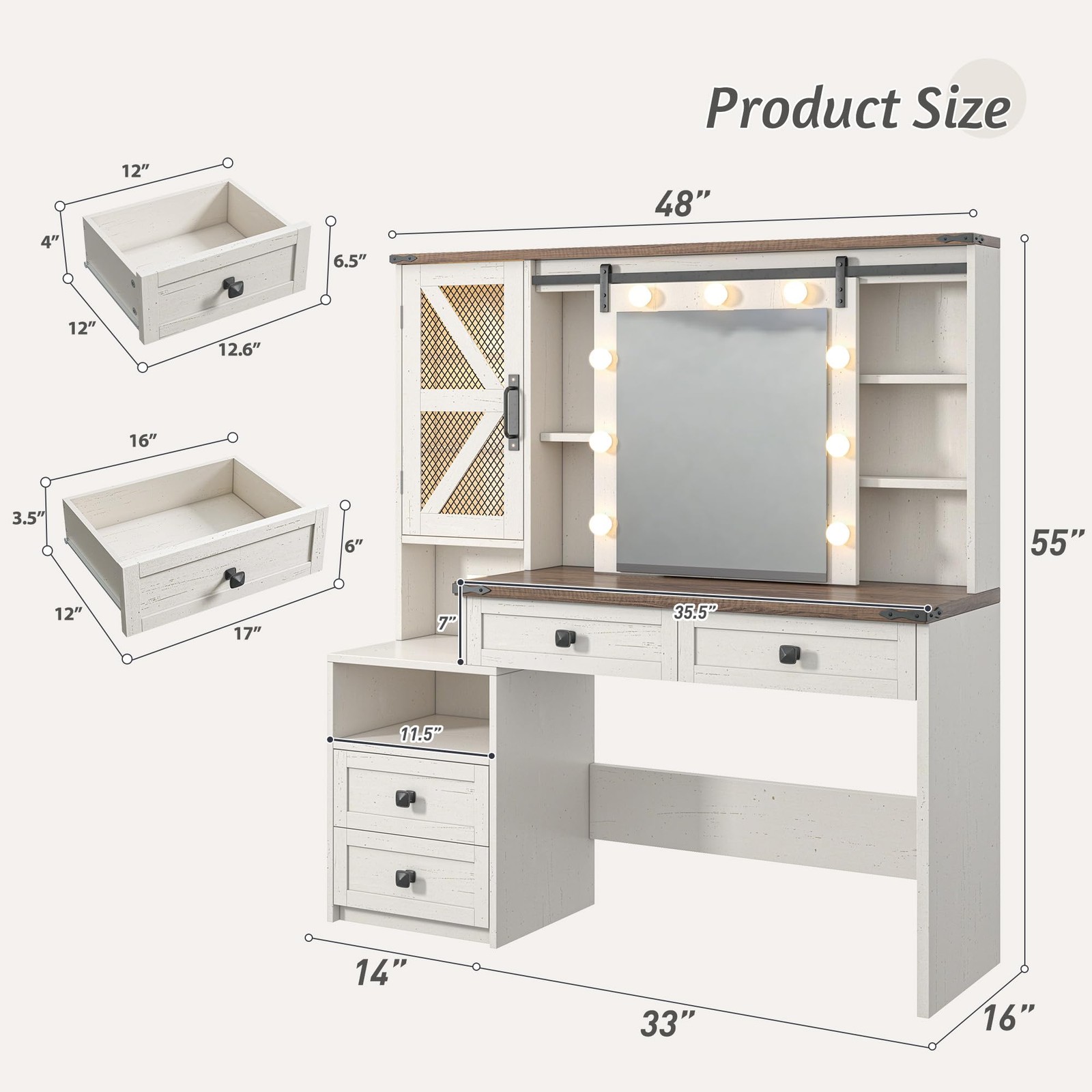 48W Vanity Desk Sliding Mirror 4 Drawers 2 Cabinets 3-Color Lights Antique White